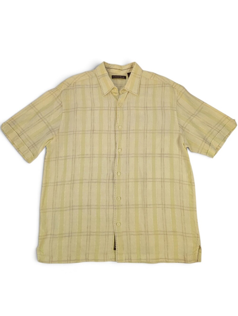 Cubavera Men’s XL 100% Linen Plaid Short Sleeve Button Down Shirt Yellow Resort